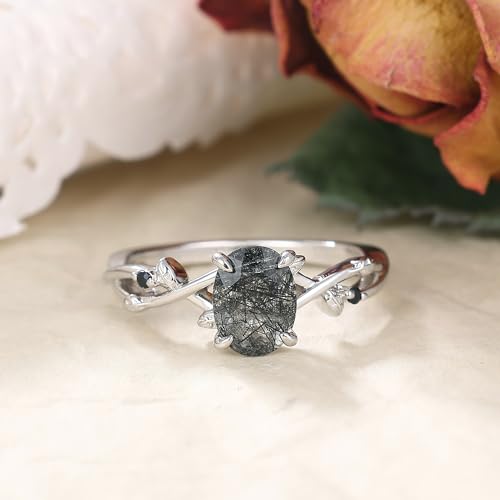Art Deco Natural Moss Agate Ring for Women 925 Sterling Silver Black Rutilated Quartz Gemstone Wedding Engagement Promise Ring for Her Size 4-92
