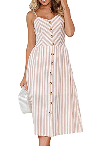 Image of YMING Womens Summer Spaghetti Strap Dresses Button Down Floral Sundress High Waist Swing Midi Dress with Pockets