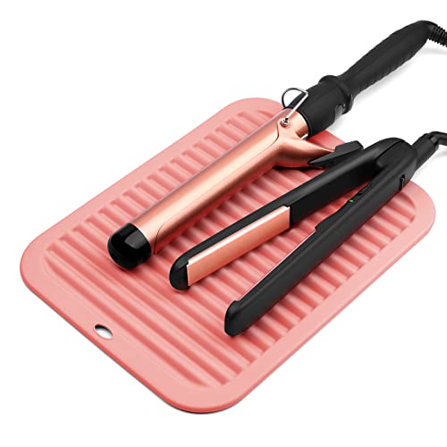 Large Silicone Heat Resistant Mat, Professional Heat Mat for Curling Iron, Flat Iron Hair Straightener and All Hair Styling Tools, Hair Tools Mat, Vanity Makeup Accessories, with Velcro (Orange Pink)