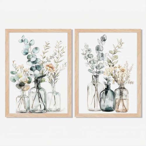 Framed Botanical Wall Art Set of 2 Minimalist Eucalyptus Floral