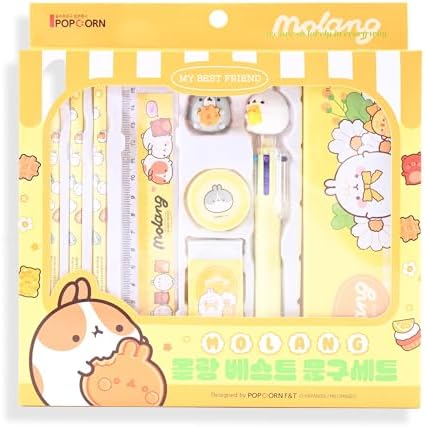 Molang Best School Stationery Set - Kawaii Korean Kit (Pencil 3pcs, Eraser, Sharpener, Case, 6-Color Ballpoint Pen, Figure, Ruler) - Complete Supplies for Students, Office, Art, Writing