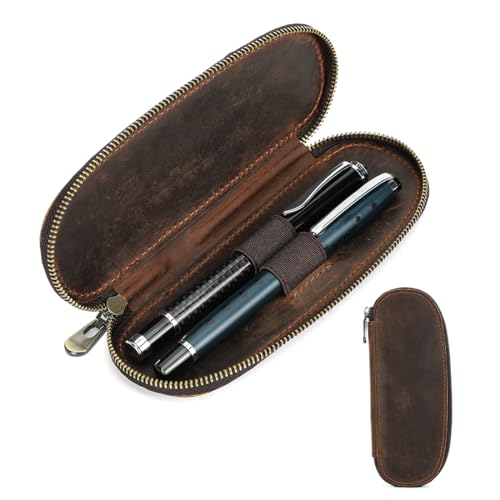 CONTACTS Genuine Leather Pen Case Handmade,Vintage Pen Holder,Pen Protective Zip Sleeve for Travel Elegant Desk Writing Case,Pencils Organizer Box (Coffee-2-Zip)