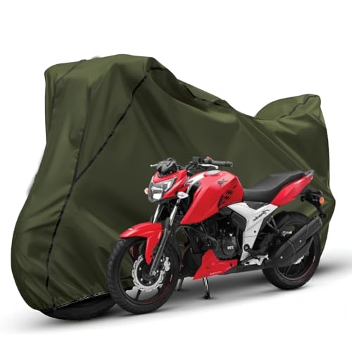 Image of Waterproof Bike Body Cover Compatible with Tvs Apache RTR 160 Dustproof Scratchproof - Motorcycle Cover for Two Wheeler, Outdoor Full Cover with UV, Duty, Rain Protection (Olive with Black)