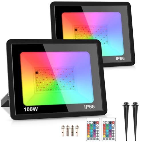 Asyduey Paquete de 2 Focos LED RGB de 100 W, IP66, Impermeables, para Exteriores, con Mando A Distancia, para Halloween y Navidad, 110 V