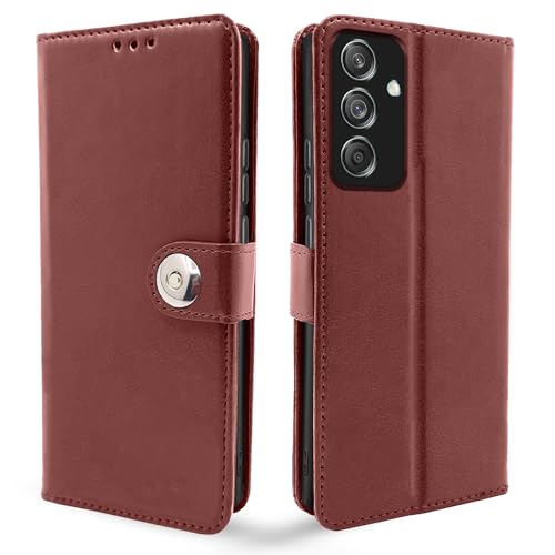 Image of Pikkme Flip Cover Leather Finish | Inside TPU with Card Pockets | Wallet Stand and Shock Proof | Complete Protection Button Flip Case for Samsung Galaxy M55 5G / M55s 5G / F55 5G (Brown)