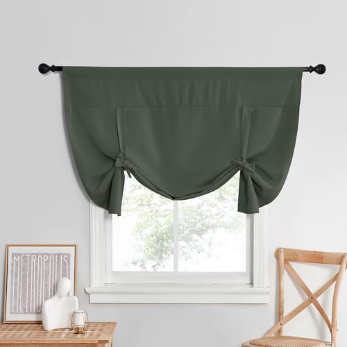 NICETOWN Thermal Insulated Blackout Curtain Tie Up Shade for Small Window Short Balloon Shade, Thermal InsulatedWindow Valances for Classroom Office Decor, W52 X L45, 1 Piece, Dark Mallard - image 1