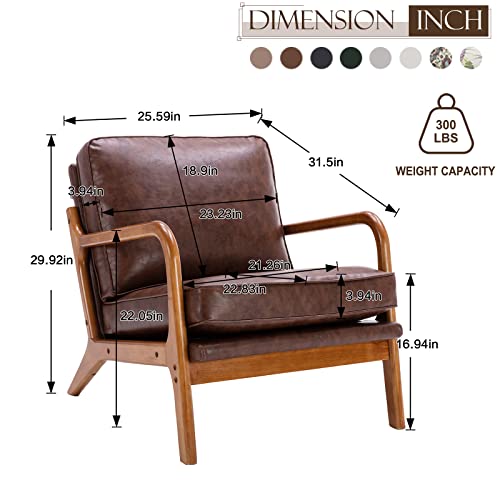 Upholstered Mid Century Pu Leather Accent Chair, Comfy Lounge Armchair With Thicken Cushion, Modern Wooden Arm Chair, Sturdy Reading Chair For Living Room, Bedroom, 300 Lbs Weight Capacity, Brown #TOP1