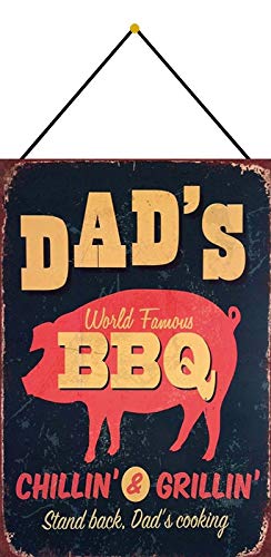 Targa in metallo, 20 x 30 cm, bombata con cordoncino, Dad's BBQ Chillin & Grillin Grill vintage, decorazione regalo