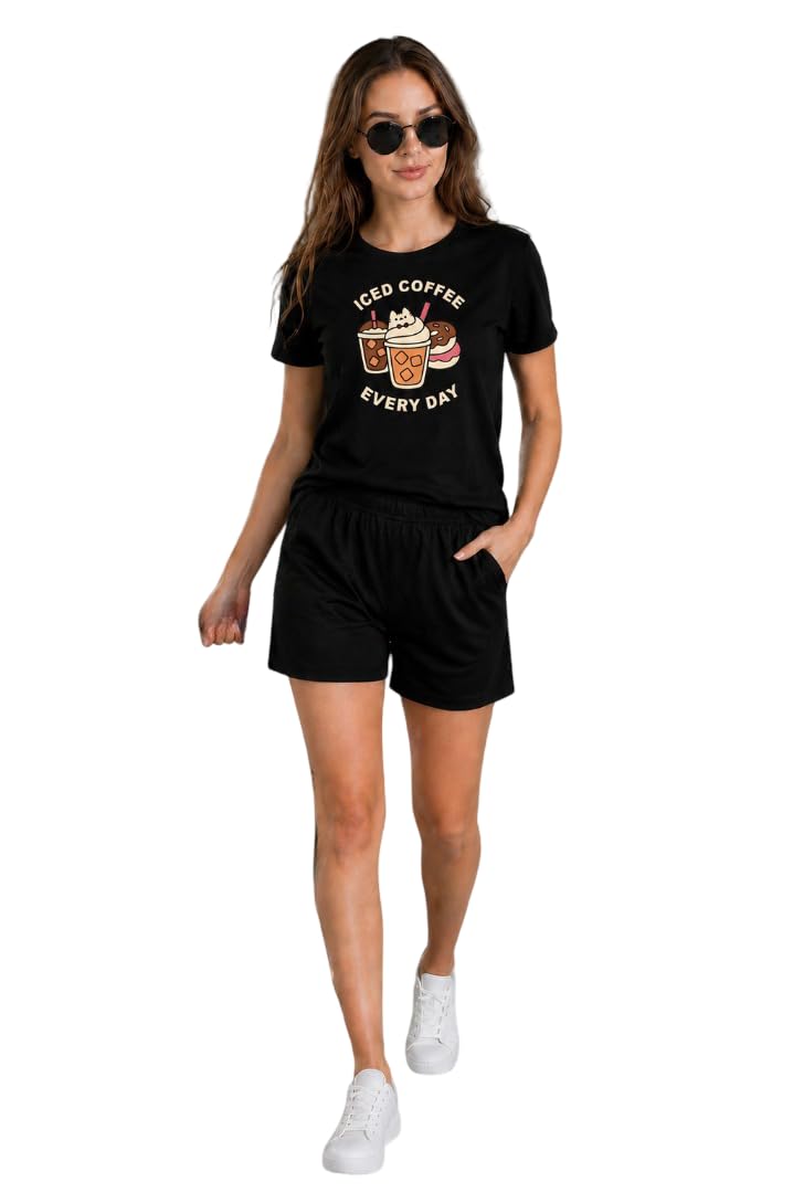 elvia Women's Pure Cotton Top and Shorts Co-Ord Set | Graphic Printed Iced Coffee Every Day Lounge Wear | Regular Fit Round Neck Half Sleeve Night Suit for Women and Girls-picture-23