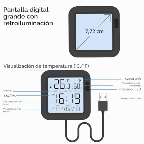 Miniatura 7 de Emylo Termómetro Higrómetro Wifi, Control Remoto Inteligente Ir, Control Remoto Ir Universal Compatible Con Alexa, Medidor Digital De Temperatura Y Humedad Interior Con Retroiluminación