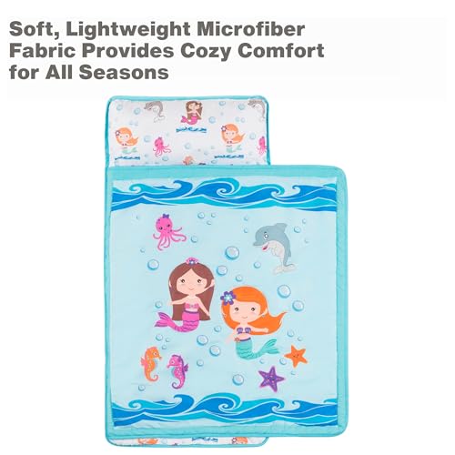 EVERYDAY KIDS Toddler Nap Mat with Removable Pillow -Underwater Mermaids- Carry Handle with Fastening Straps Closure, Rollup Design, Soft Microfiber for Preschool, Daycare Sleeping Bag, Ages 2-6 years - Thumbnail 4