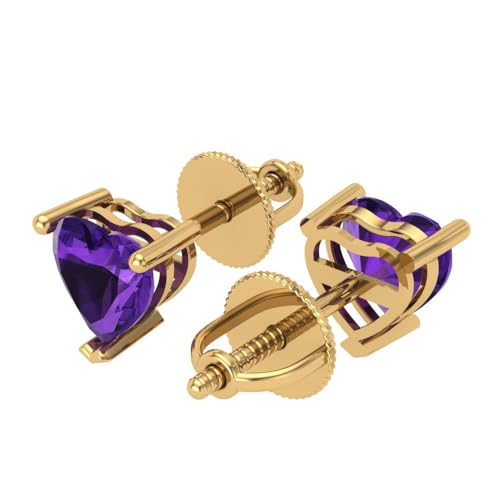 1.44cttw Heart Cut Solitaire Stunning Natural Amethyst gemstone Unisex Pair of Earrings Stud 14k Yellow Gold Screw Back2