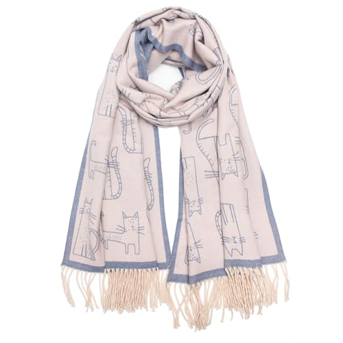 Women's Cashmere Feel Shawl Cat Print Fringed Scarf Winter Warm Wrap