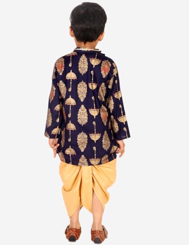 Image of superminis Boy's Golden Foil Printed Side Open Cotton Kurta, Round Collar, Full Sleeves Ethnic Wear Dhoti Kurta Set