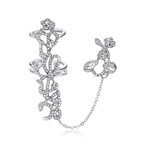 Zealmer Women Crystal Rose Flower Finger Chain Wedding Bridesmaid Bridal Statement Ring Silver Tone