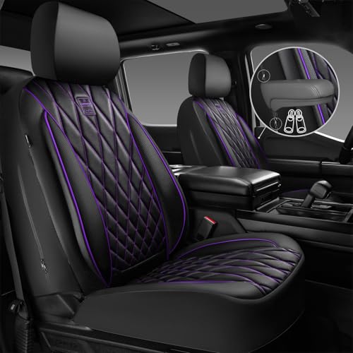 Image of CAR PASS Piping Luxury Faux Leather Two Front Car Seat Covers, Waterproof Anti Slip Premium Automotive Seat Covers,Universal Fit for Suvs,Vans,Trucks, Armrest Airbag Compatible (Black and Purple)