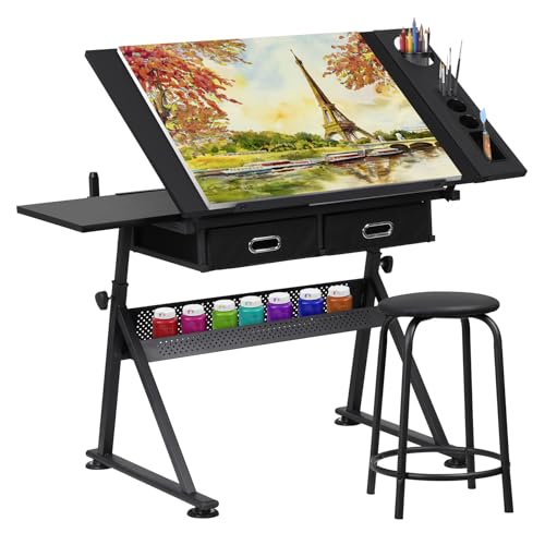 HomGarden Height Adjustable Drafting Desk Drawing Table Art Craft Work Station w/Stool, Storage Drawers for Home Office Study Room, Black