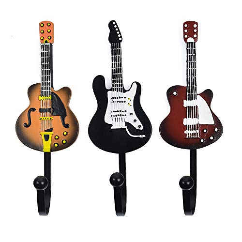 KUNGYO Vintage Guitar Shaped Decorative Hooks Rack Hangers for Hanging Clothes Coats Towels Keys Hats Metal Resin Hooks Wall Mounted Heavy Duty (3-Pack) (Guitar Hook-B)