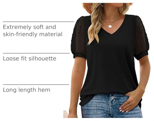 Image of Aokosor Womens Summer Tops V Neck T Shirts Swiss Dot Puff Sleeve Tops Loose Casual Tshirts