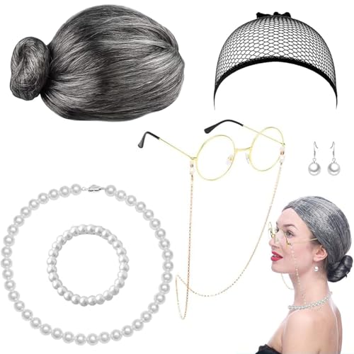 7 Piezas Abuela Cosplay Accesorio,Disfraces de Abuela Disfraz de Anciana Kit con Peluca Abuela Gris,Gafas de Abuelita, Collar, Pulsera, Pendientes, Abuelita Anciana Señoras Carnaval Disfraz