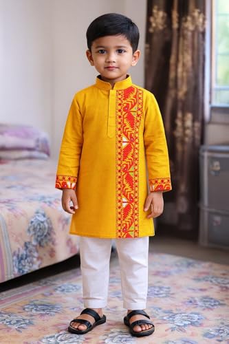 Image of Kurta Pajama for Kids Boys - Jamdani Border Kurta with Elastic Waist Pyjama Set, 1-8 Years