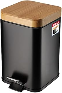 KADAX Toilet Bin, Powder-Coated Steel Kitchen Waste Bin with Bamboo Lid, Small Bathroom Trash Can with Foot Pedal and Internal Bucket (3L, Black, Rectangular)