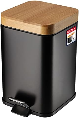 KADAX Toilet Bin, Powder-Coated Steel Kitchen Waste Bin with Bamboo Lid, Small Bathroom Trash Can with Foot Pedal and Internal Bucket (3L, Black, Rectangular)