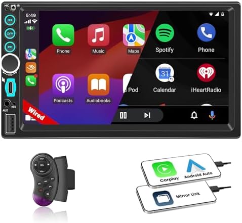 7" Wired Double Din Car Stereo Apple Carplay Radio Screen for Car Audio Receivers, Bluetooth Car Play Android Auto Touchscreen, SWC, FM, Mirror Link, Type-C