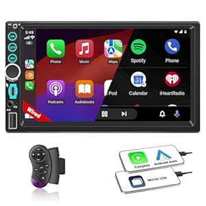 7″ Wired Double Din Car Stereo Apple Carplay Radio Screen for Car Audio Receivers, Bluetooth Car Play Android Auto Touchscreen, SWC, FM, Mirror Link, Type-C