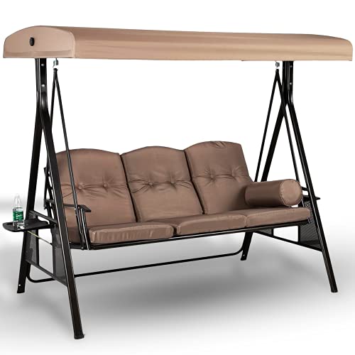 Project One Products 3-Seat Deluxe Outdoor Patio Porch Swing with Weather Resistant Steel Frame, Adjustable Tilt Canopy, Cushions and Pillow Included