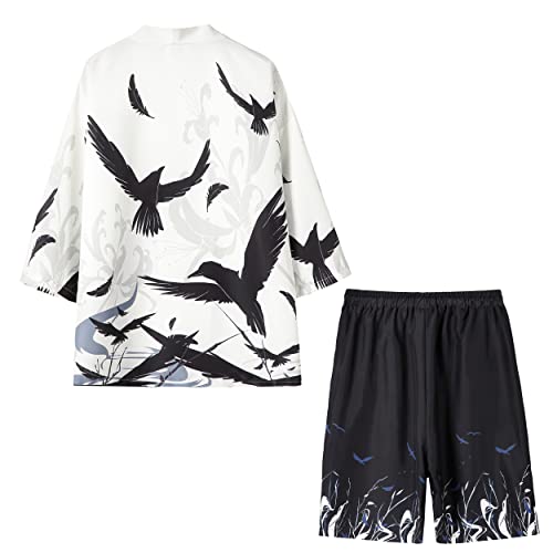 PRIJOUHE Men’s Kimono Set Lightweight Printed Japanese Jacket With Shorts Summer Beach Outfits Casual 2 Piece Shirt Sets