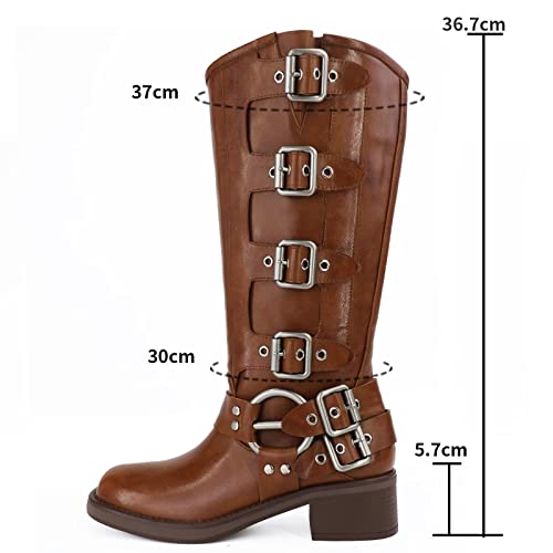Vimitty Women's Cowgirl Knight Boots Western Knee High Boots Riding Mid Calf Boots Gaiter Rounded Head Mid Calf Boots Chunky Heel Boots #TOP1