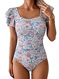 Eomenie Women's Tummy Control One Piece Swimsuit Ruffle Square Neck Bathing Suit Ruched Cutout Back Slimming Swimwear