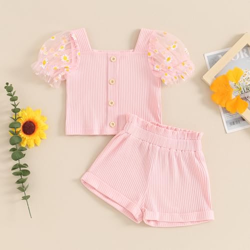 fhutpw Toddler Baby Girls Clothes Ribbed Knit Daisy Mesh Short Sleeve Crop Tops + Shorts 1T 2T 3T 4T 5T Summer Outfits2