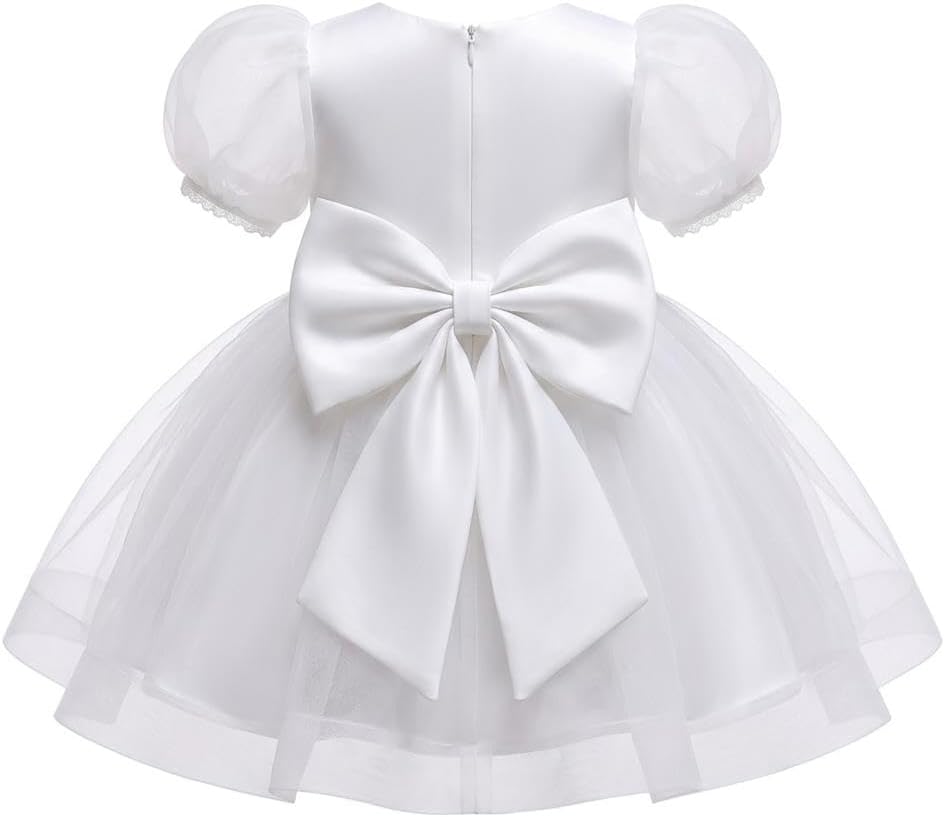 Lito Angels Baby Toddler Girls White Baptism Christening Dress, Wedding Flower Girl Puffy Tulle Ball Gown for Pageant Party