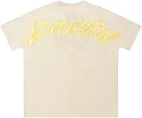 Camiseta masculina oversized com estampa gráfica, corte quadrado, estilo streetwear, com a palavra "Everything" em rosa e logo da marca. Confeccionada em algodão macio e casual, ideal para us