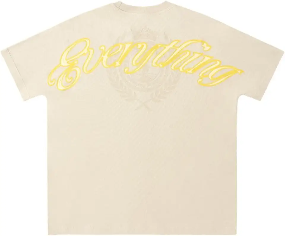 Camiseta masculina oversized com estampa gráfica, corte quadrado, estilo streetwear, com a palavra "Everything" em rosa e logo da marca. Confeccionada em algodão macio e casual, ideal para us