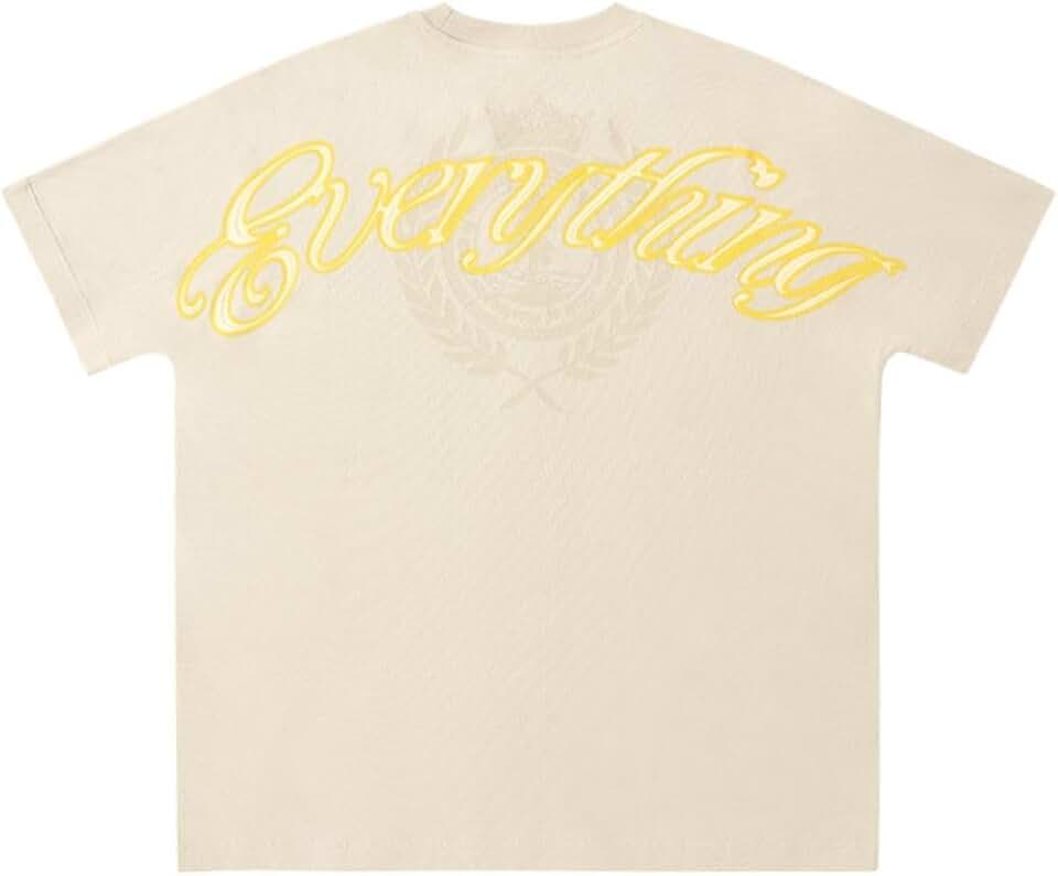 Camiseta masculina oversized com estampa gráfica, corte quadrado, estilo streetwear, com a palavra "Everything" em rosa e logo da marca. Confeccionada em algodão macio e casual, ideal para us