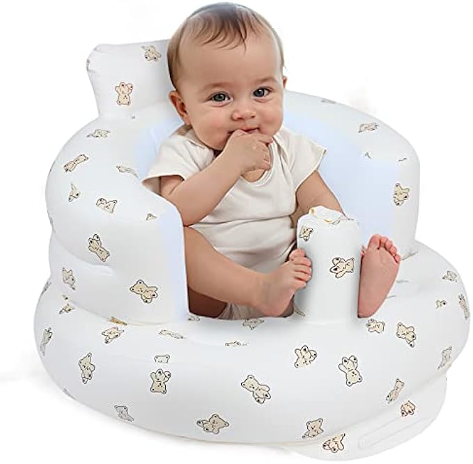 Inflatable Baby Seat for Babies 3 Months & Up, Baby Floor Seats for Sitting Up, Baby Seats for Infants, Blow Up Baby Chair with Built in Air Pump - Bear