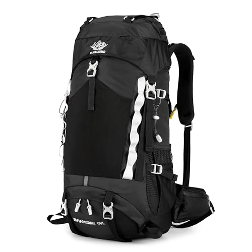 Maity Wanderrucksack 60L wasserdichtes Nylon MOLLE-System ergonomisch & belüftet separates Bodenfach viele Taschen Trekkingrucksack für Wandern Bergsteigen & Reise (Schwarz[E03] 60L)