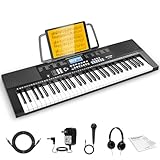61 Key Piano Keyboard, Beginners Electric Piano Keyboard with 350 Tones, 350 Rhythms, 30 Demos, 3 Teaching Modes, LCD, Headphones, Music Rest, Microphone, Ideal for Kids, Black