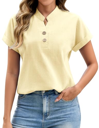 UMIPUBO Blusas Mujer Verano Manga Corta Cuello en V Camisas con Botón Elegante Camisetas Suelta Blusones Casual Básica Camisa Moda T Shirts Tunic Tops (Amarillo, S)