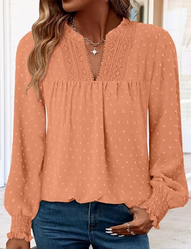 BETTE BOUTIK Women Boho Long Sleeve Shirts Dressy Casual V Neck Fall Fashion Tops Swiss Dot Flowy Blouses