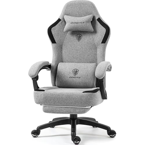 Dowinx Fabric Gaming Chair with Pocket Spring Cushion,Breathable Computer Chair with Massage Lumbar Support and Footrest,High Back Game Office Chair for Adult,Grey