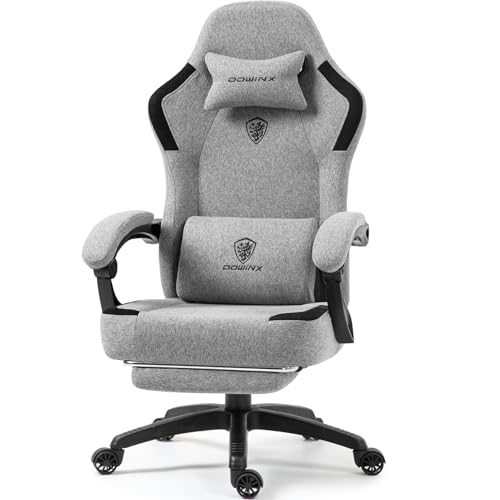 Dowinx Fabric Gaming Chair with Pocket Spring Cushion,Breathable Computer Chair with Massage Lumbar Support and Footrest,High Back Game Office Chair for Adult,Grey