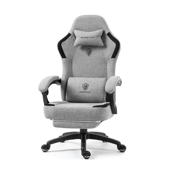 Dowinx Fabric Gaming Chair with Pocket Spring Cushion,Breathable Computer Chair with Massage Lumbar Support and Footrest,High Back Game Office Chair for Adult,Grey