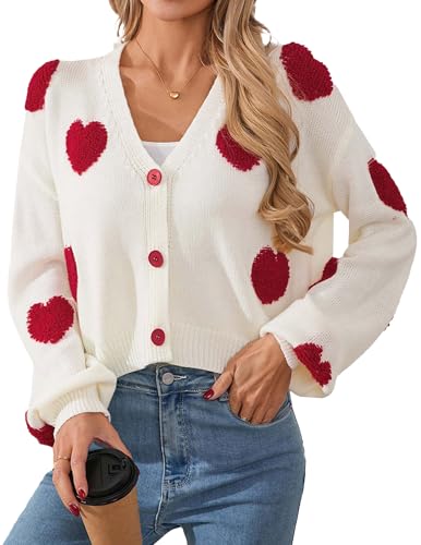 Libsorge Womens Valentine Heart Cropped Cardigan Sweater 2026 Valentines Day Trendy Cute Oversized Crop Button Front Long Sleeve Cardigans Cream White L