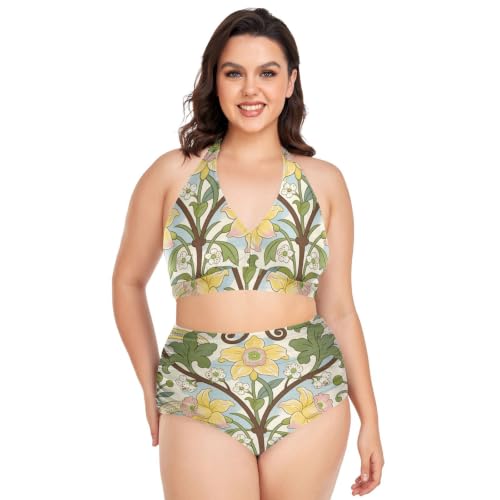 Maillot de bain gainant femme 2 pièces grande taille halter réglable jaune