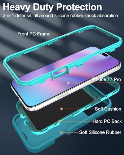 Image of for iPhone 17 Pro Case with Port Cover, Rubber Matte, Teal | 3-Layer Heavy Duty Armor, 16ft Drop Protection, Non-Slip Shockproof & Anti-Fingerprint