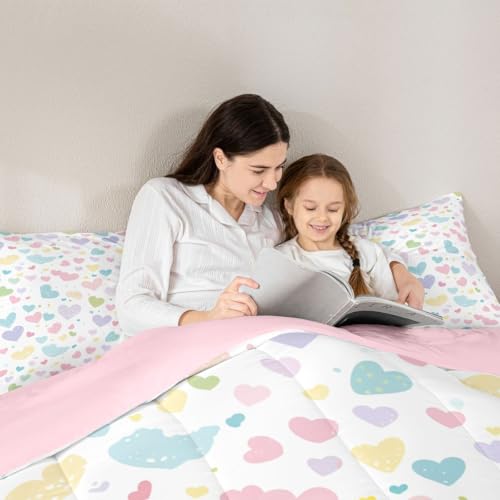 Image of Erosebridal Cute Heart Queen Comforter Set Valentine Love Heart Bedding Set for Kids Teens Rainbow Hand Drawn Style Comforter Cartoon Geometric Duvet Insert